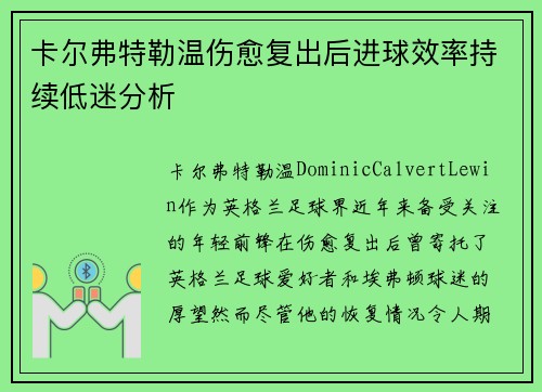 卡尔弗特勒温伤愈复出后进球效率持续低迷分析 卡尔弗特勒温伤愈复出后进球效率持续低迷分析
